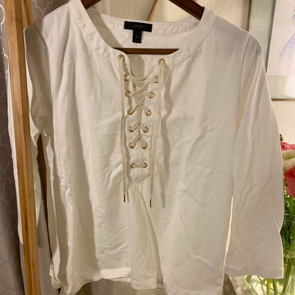 J Crew white blouse lace up S